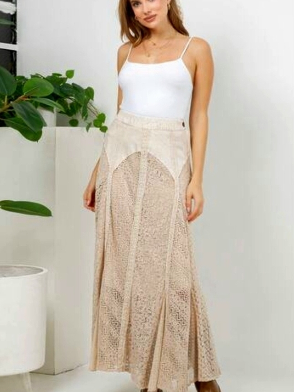 Young Threads Boho Lace Panel Maxi Skirt in Beige - Sz L